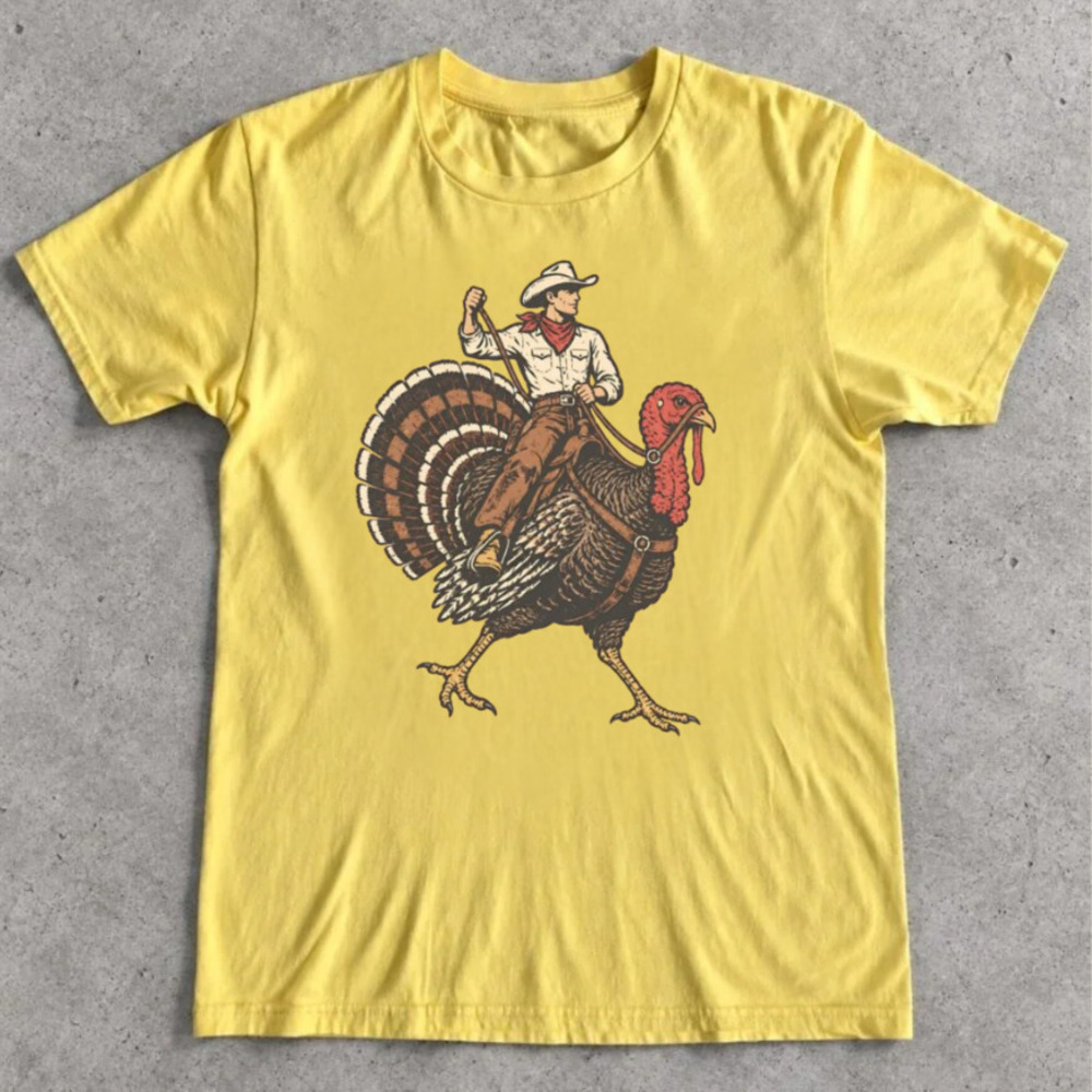 Cowboy Riding Turkey Thanksgiving Western Vintage Yellow T-Shirt
